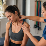 Fisioterapeuta ayudando en terapia de sobrecarga muscular en hombros