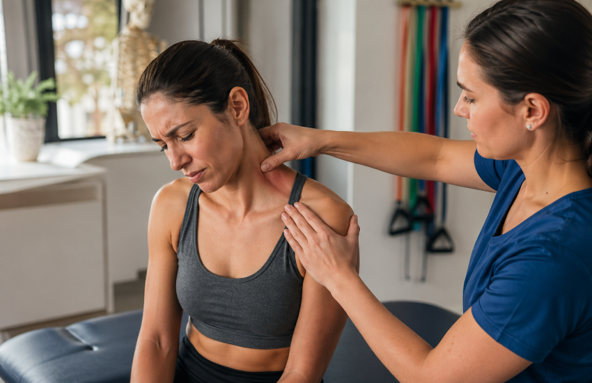 Fisioterapeuta ayudando en terapia de sobrecarga muscular en hombros