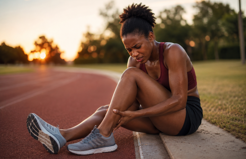 Atleta descansando al atardecer por dolor de fractura por estrés.